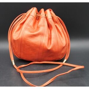 Battina Vintage Leather Drawstring Bucket Bag Orange Cinch Sack Purse Italy
